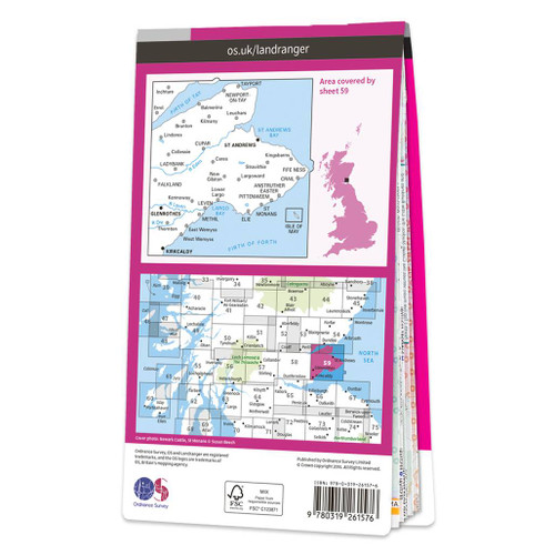 Rear pink cover of OS Landranger Map 59 St Andrews showing the area covered by the map and the wider area