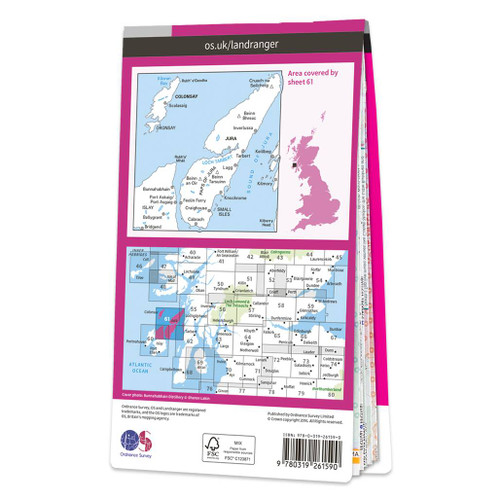 Rear pink cover of OS Landranger Map 61 Jura & Colonsay showing the area covered by the map and the wider area