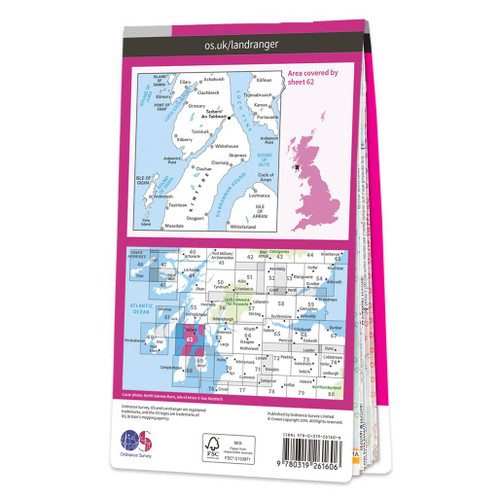 Rear pink cover of OS Landranger Map 62 North Kintyre & Tarbert showing the area covered by the map and the wider area