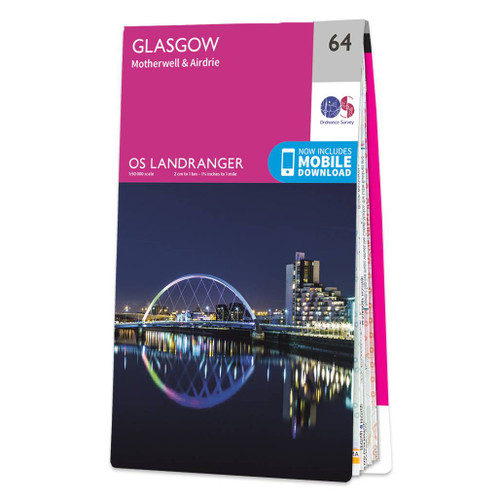 Pink front cover of OS Landranger Map 64 Glasgow