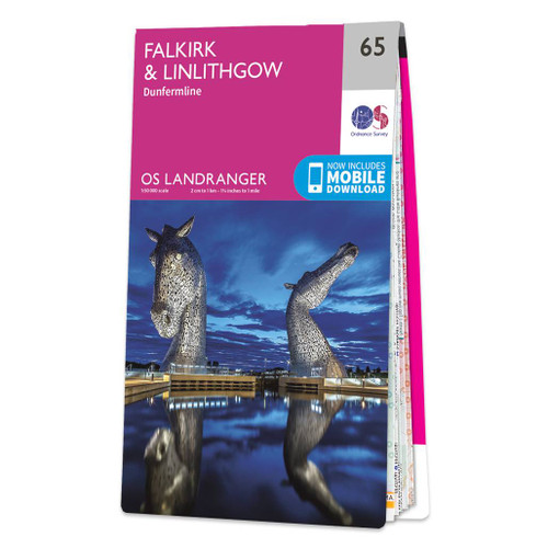 Pink front cover of OS Landranger Map 65 Falkirk & Linlithgow