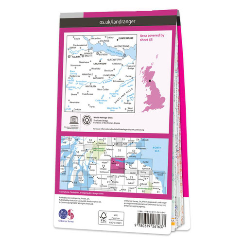 Rear pink cover of OS Landranger Map 65 Falkirk & Linlithgow showing the area covered by the map and the wider area