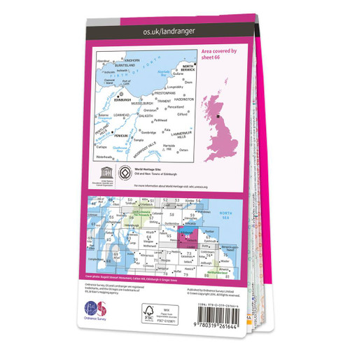 Rear pink cover of OS Landranger Map 66 Edinburgh showing the area covered by the map and the wider area