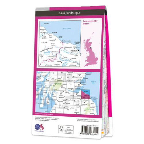 Rear pink cover of OS Landranger Map 67 Duns, Dunbar & Eyemouth showing the area covered by the map and the wider area