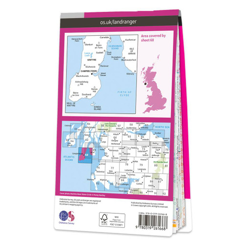 Rear pink cover of OS Landranger Map 68 South Kintyre & Campbeltown showing the area covered by the map and the wider area
