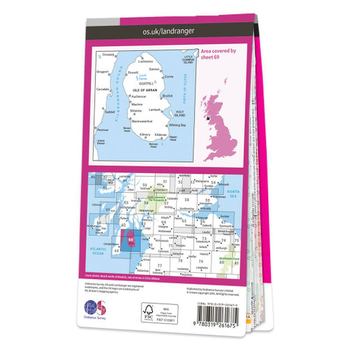 Rear pink cover of OS Landranger Map 69 Isle of Arran showing the area covered by the map and the wider area