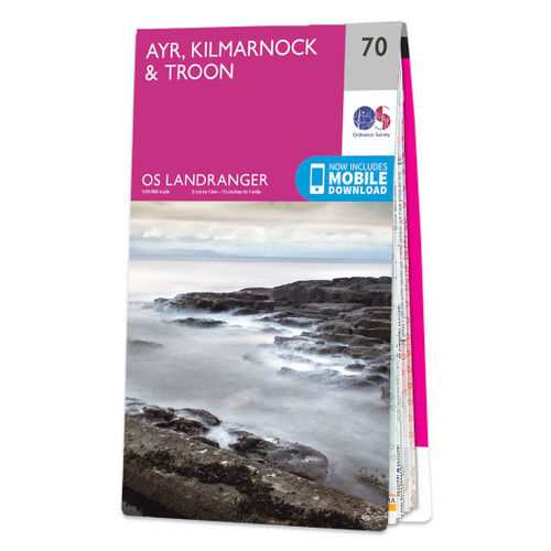 Pink front cover of OS Landranger Map 70 Ayr, Kilmarnock & Troon