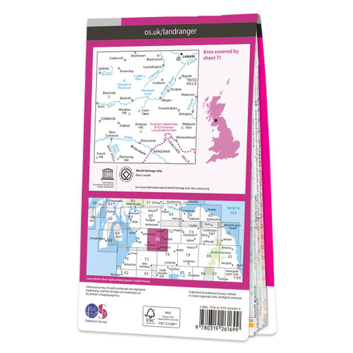 Rear pink cover of OS Landranger Map 71 Lanark & Upper Nithsdale showing the area covered by the map and the wider area
