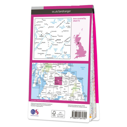 Rear pink cover of OS Landranger Map 72 Upper Clyde Valley showing the area covered by the map and the wider area