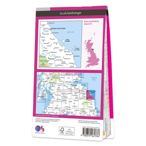 Rear pink cover of OS Landranger Map 75 Berwick-upon-Tweed, Holy Island & Wooler showing the area covered by the map and the wider area