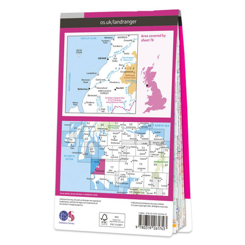 Rear pink cover of OS Landranger Map 76 Girvan showing the area covered by the map and the wider area