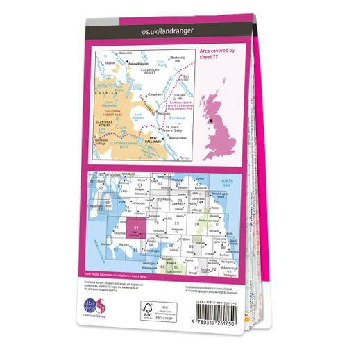 Rear pink cover of OS Landranger Map 77 Dalmellington and New Galloway showing the area covered by the map and the wider area