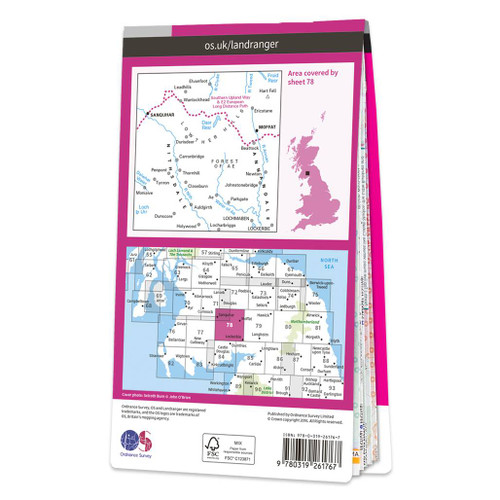 Rear pink cover of OS Landranger Map 78 Nithsdale & Annandale showing the area covered by the map and the wider area