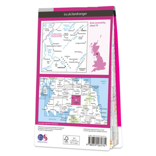 Rear pink cover of OS Landranger Map 79 Hawick and Eskdale showing the area covered by the map and the wider area