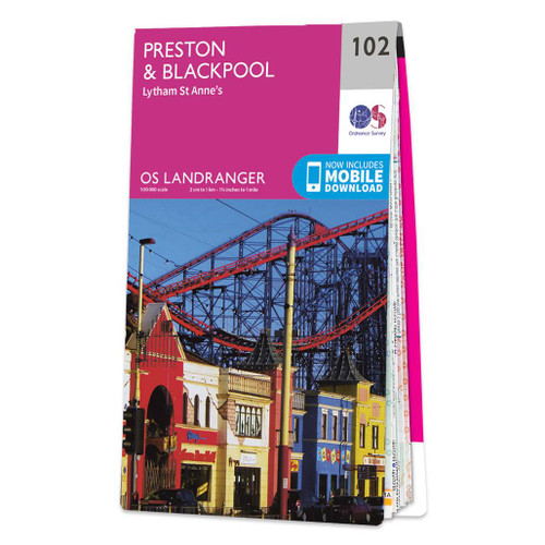 Pink front cover of OS Landranger Map 102 Preston & Blackpool