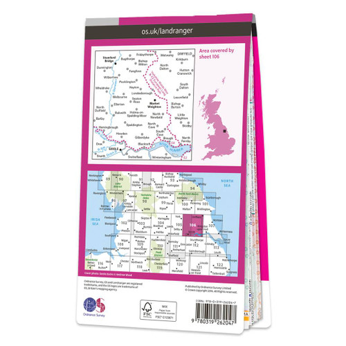 Rear pink cover of OS Landranger Map 106 Market Weighton showing the area covered by the map and the wider area