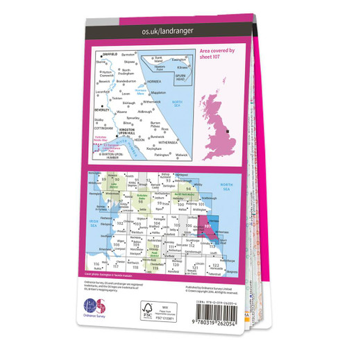 Rear pink cover of OS Landranger Map 107 Kingston upon Hull showing the area covered by the map and the wider area