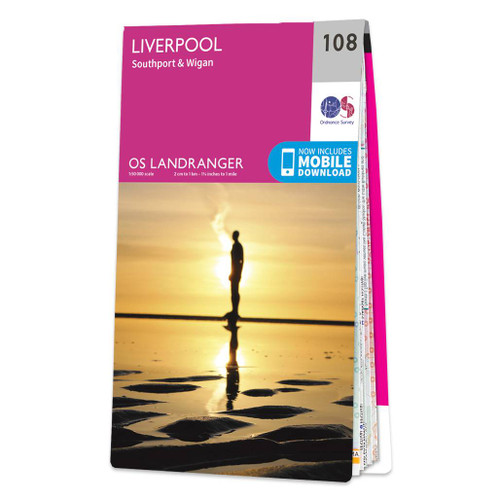 Pink front cover of OS Landranger Map 108 Liverpool