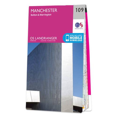 Pink front cover of OS Landranger Map 109 Manchester