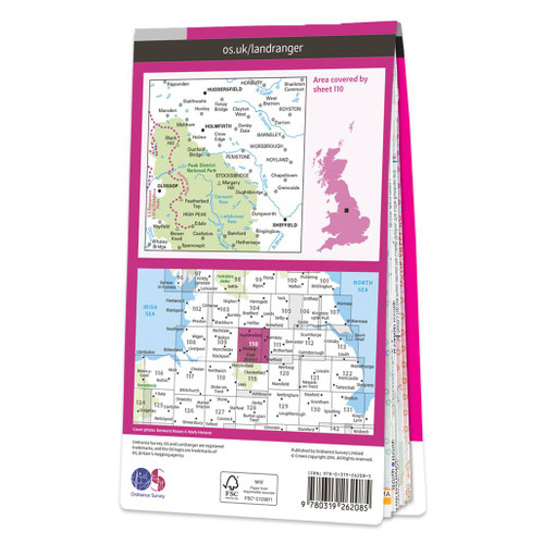 Rear pink cover of OS Landranger Map 110 Sheffield & Huddersfield showing the area covered by the map and the wider area