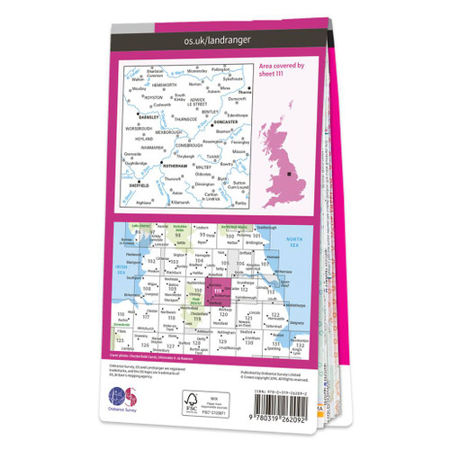 Rear pink cover of OS Landranger Map 111 Sheffield & Doncaster showing the area covered by the map and the wider area