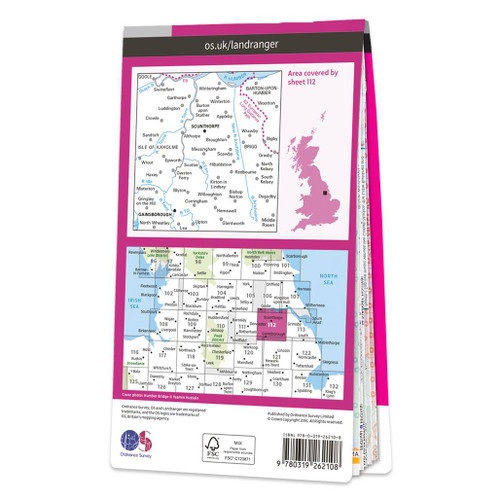 Rear pink cover of OS Landranger Map 112 Scunthorpe & Gainsborough showing the area covered by the map and the wider area