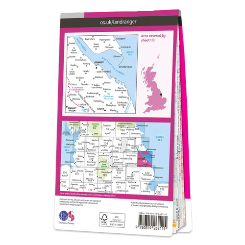 Rear pink cover of OS Landranger Map 113 Grimsby showing the area covered by the map and the wider area