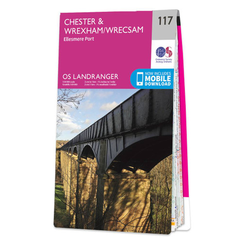 Pink front cover of OS Landranger Map 117 Chester & Wrexham
