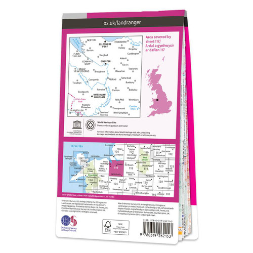 Rear pink cover of OS Landranger Map 117 Chester & Wrexham showing the area covered by the map and the wider area