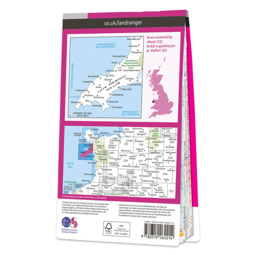 Rear pink cover of OS Landranger Map 123 Lleyn Peninsula showing the area covered by the map and the wider area