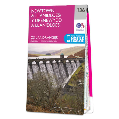 Pink front cover of OS Landranger Map 136 Newtown & Llanidloes