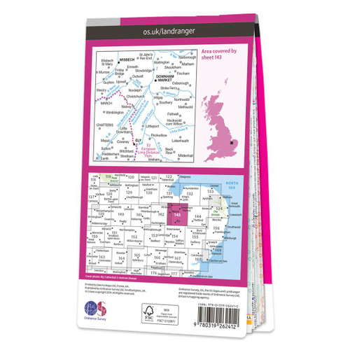 Rear pink cover of OS Landranger Map 143 Ely & Wisbech showing the area covered by the map and the wider area