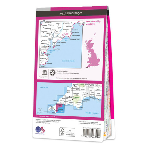 Rear pink cover of OS Landranger Map 204 Truro & Falmouth showing the area covered by the map and the wider area