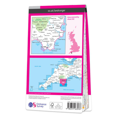 Rear pink cover of OS Landranger Map 202 Torbay & South Dartmoor showing the area covered by the map and the wider area