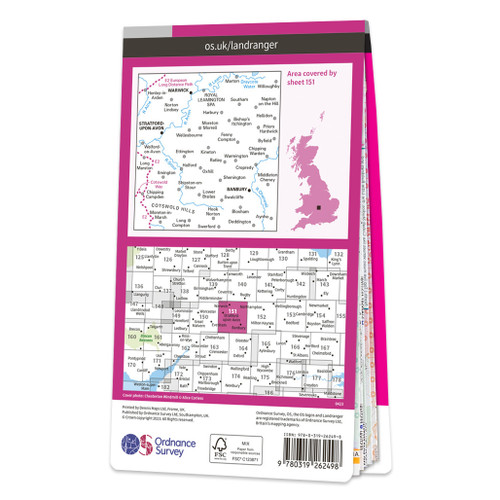 Rear pink cover of OS Landranger Map 151 Stratford-upon-Avon showing the area covered by the map and the wider area