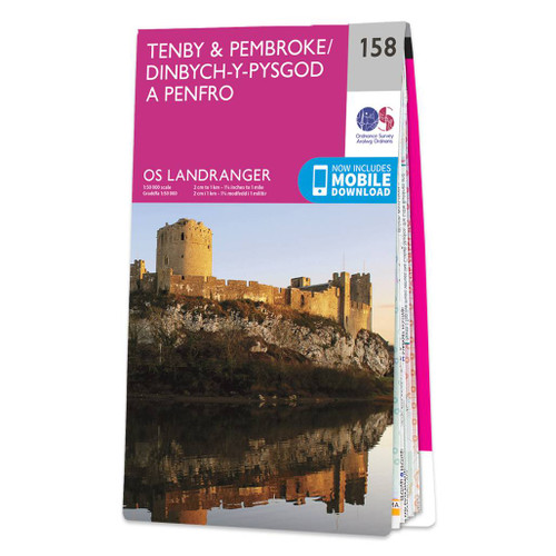 Pink front cover of OS Landranger Map 158 Tenby & Pembroke