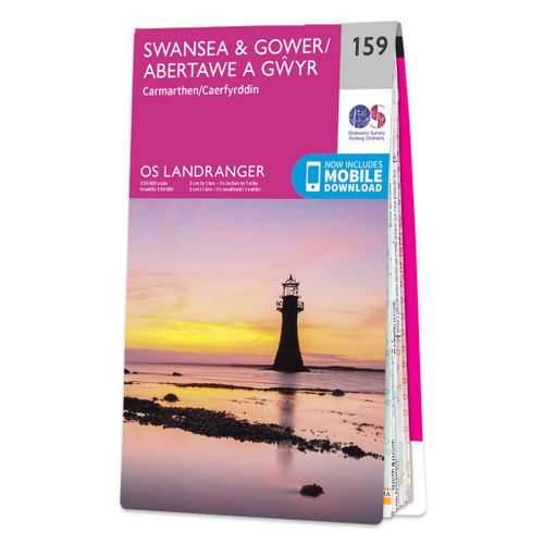 Pink front cover of OS Landranger Map 159 Swansea & Gower