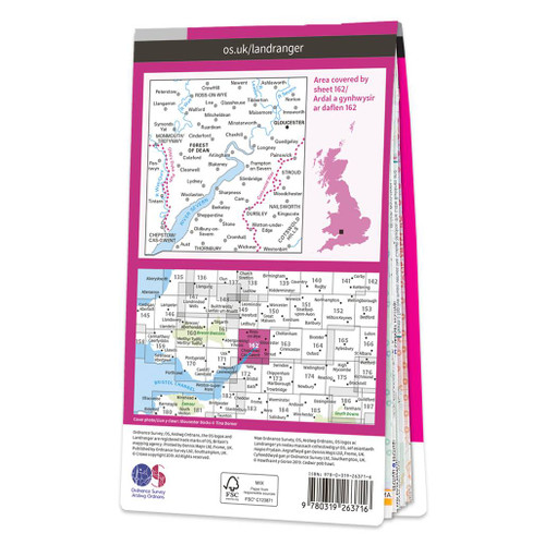Rear pink cover of OS Landranger Map 162 Gloucester & Forest of Dean showing the area covered by the map and the wider area