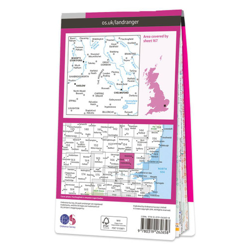 Rear pink cover of OS Landranger Map 167 Chelmsford showing the area covered by the map and the wider area