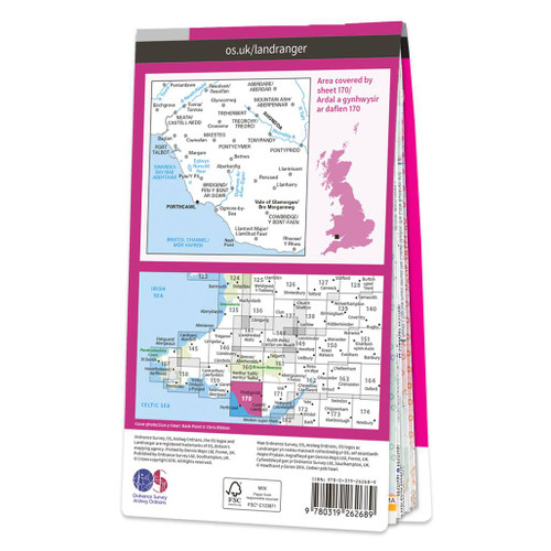 Rear pink cover of OS Landranger Map 170 Vale of Glamorgan West showing the area covered by the map and the wider area