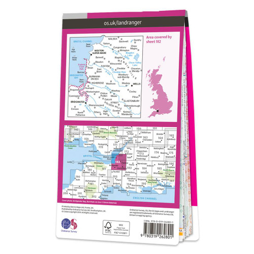 Rear pink cover of OS Landranger Map 182 Weston-super-Mare showing the area covered by the map and the wider area