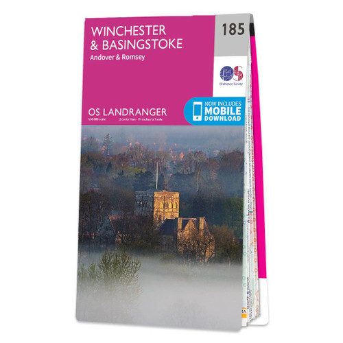 Pink front cover of OS Landranger Map 185 Winchester & Basingstoke