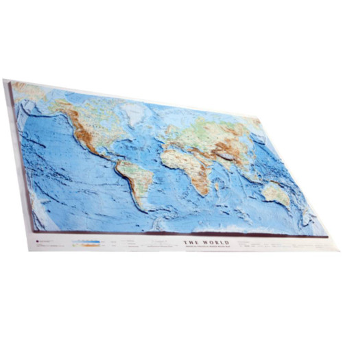 Full map view of 3D World Relief Map tilted to show its 3D properties