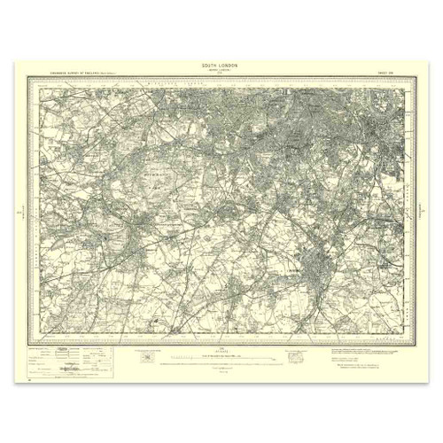 Authentic reproduction of Ordnance Survey map of South London 1896-1904 with a yellow tint background