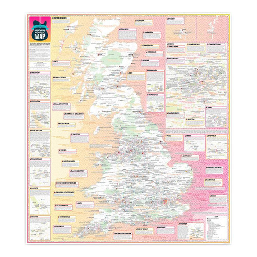 Full view of one side of the map of Great Britain on the Marvellous Maps Great British Music Map