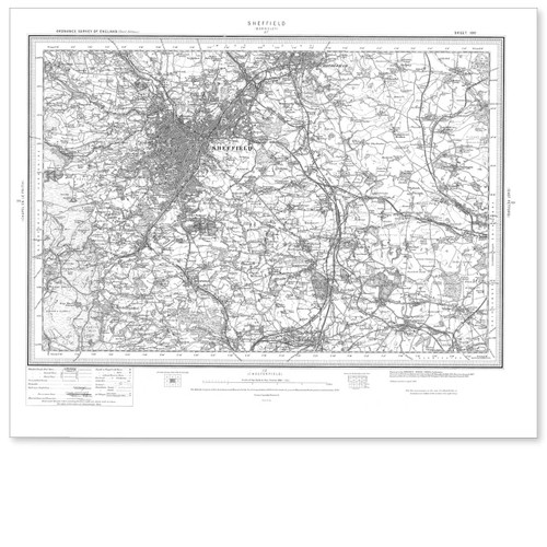 Black and white reproduction historical map of Sheffield and wider area