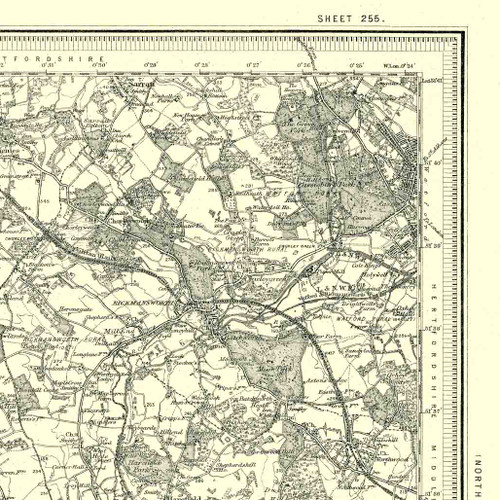 Close up of Authentic reproduction of Ordnance Survey map of Beaconsfield 1896-1904 with a yellow tint background