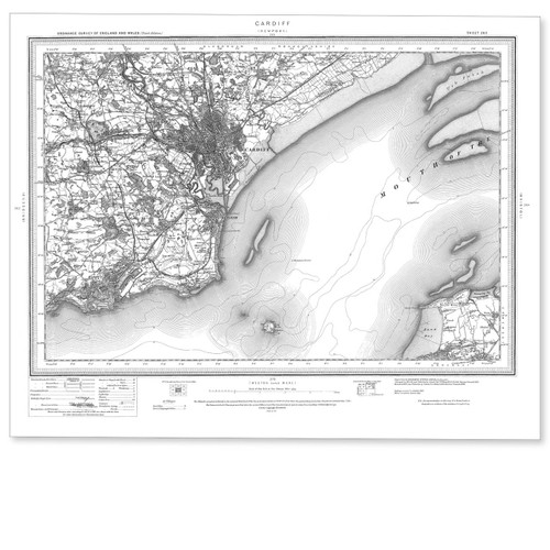 Black and white reproduction historical map of Cardiff and wider area