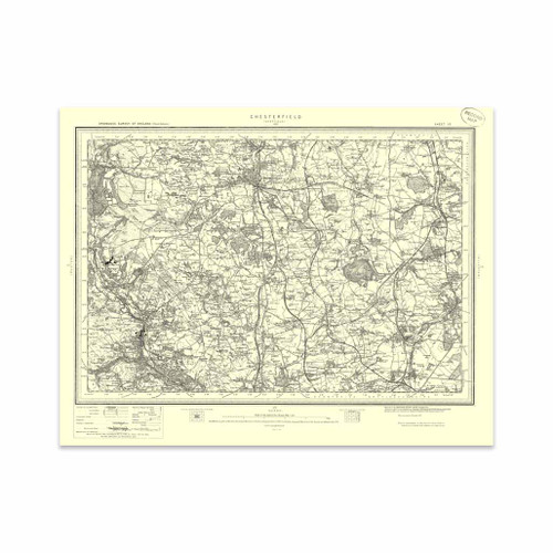Authentic reproduction of Ordnance Survey map of Chesterfield 1896-1904 with a yellow tint background