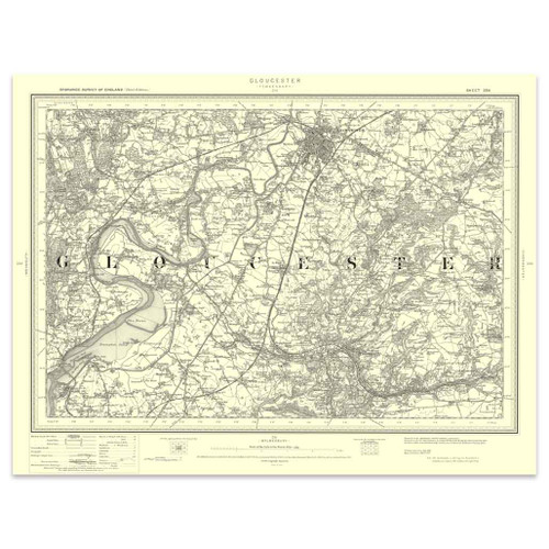 Authentic reproduction of Ordnance Survey map of Gloucester 1896-1904 with a yellow tint background